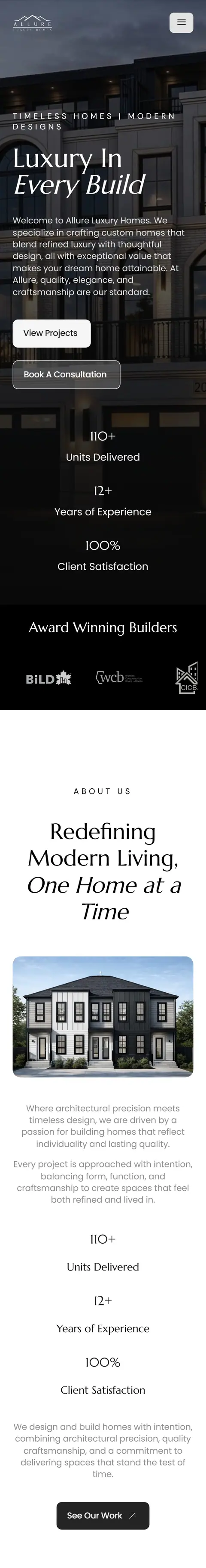 Allure Luxury Homes website on a phone