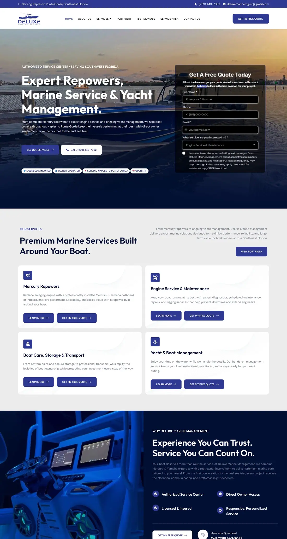 Deluxe Marine website on a laptop