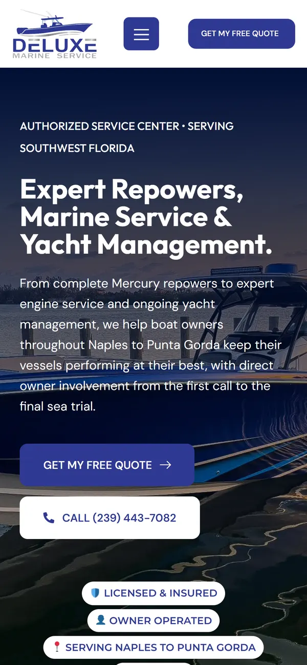 Deluxe Marine website on a phone