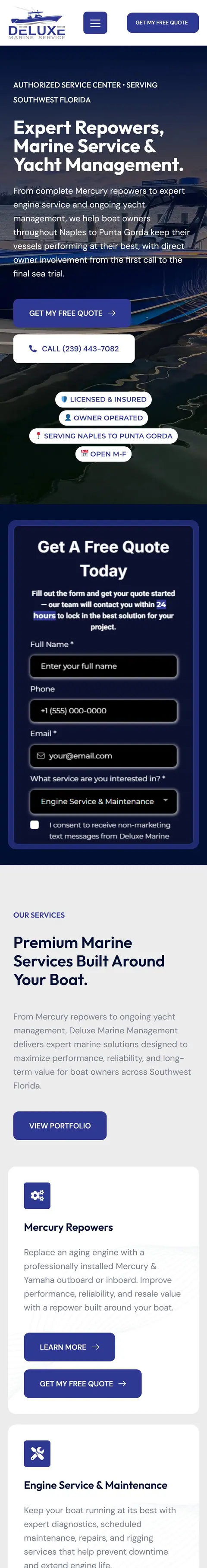 Deluxe Marine website on a phone