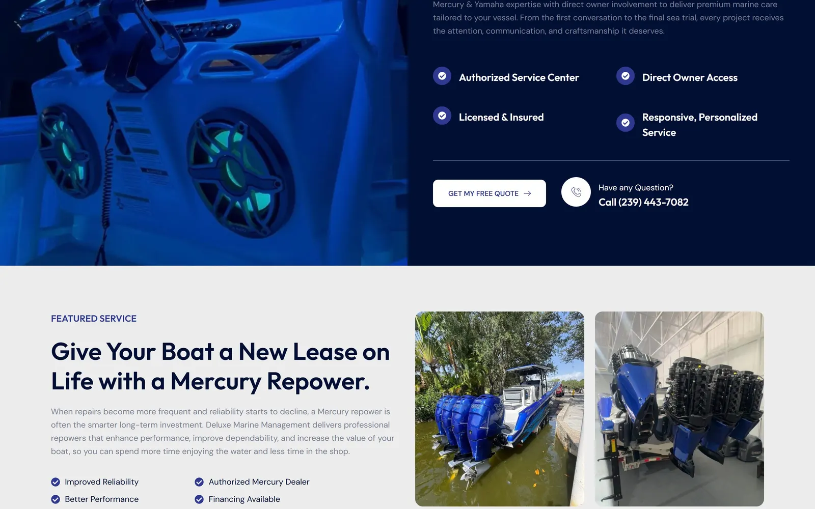Deluxe Marine website, a lower section