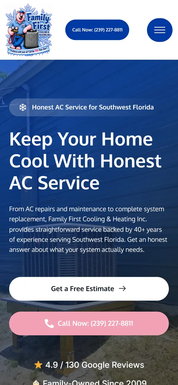 Family First Cooling home page on a phone