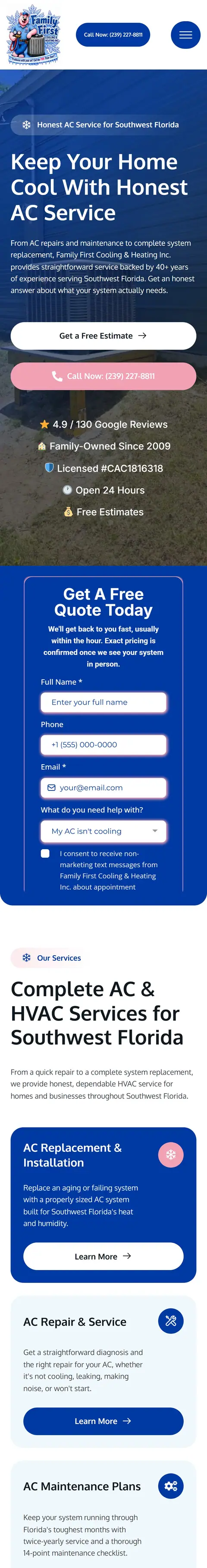 Family First Cooling website on a phone