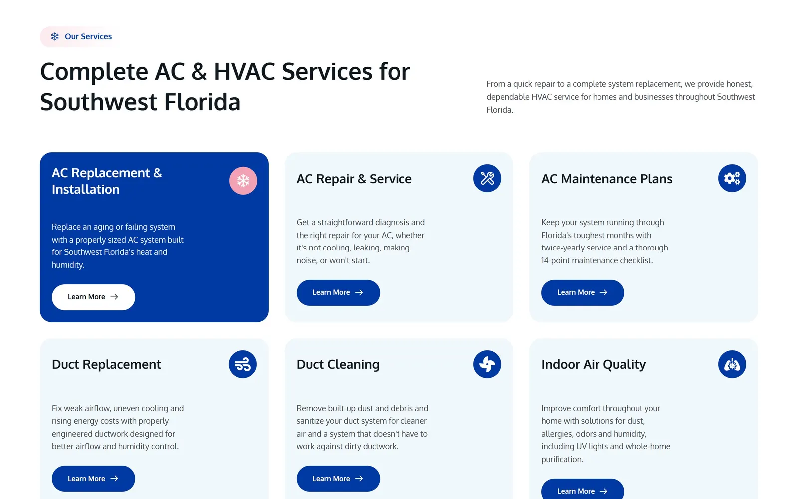 Family First Cooling website, further down the home page
