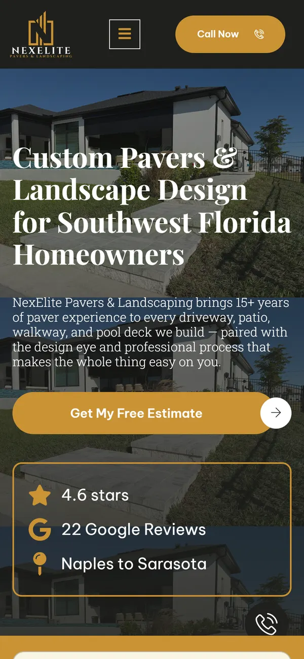 NexElite Pavers home page on a phone
