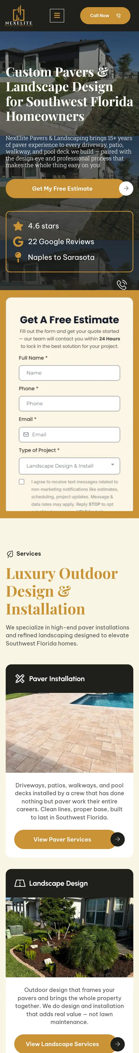 NexElite Pavers website on a phone