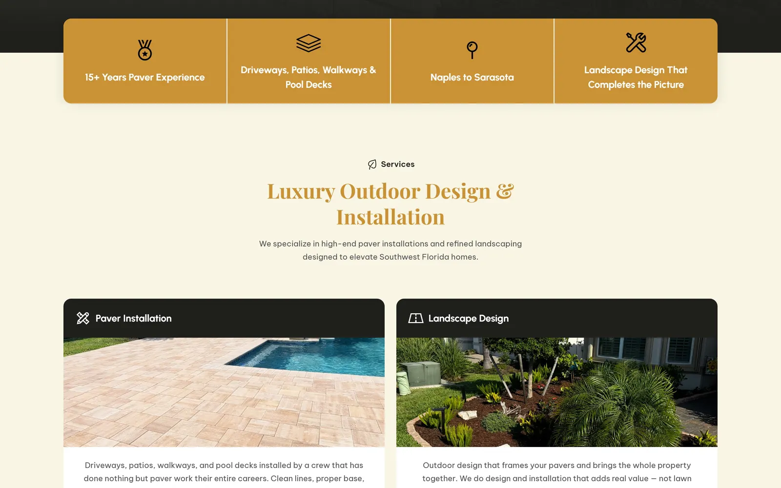 NexElite Pavers website, further down the home page