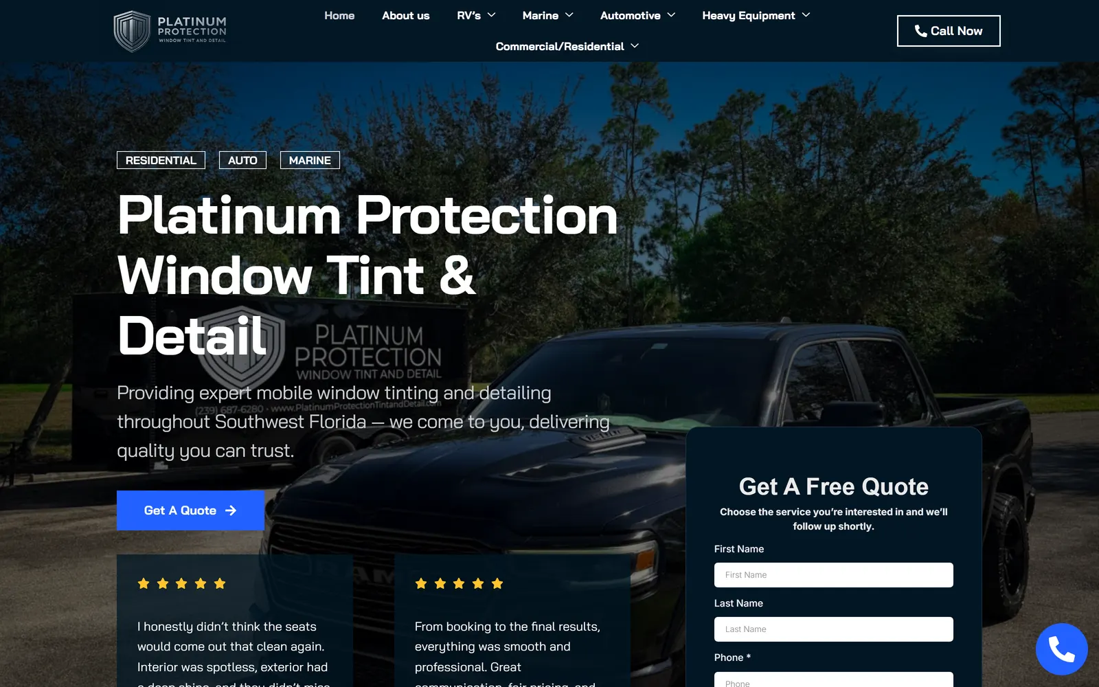 Platinum Protection Tint & Detail website on a laptop