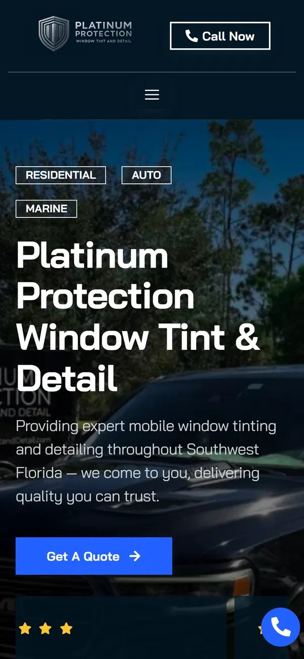 Platinum Protection Tint & Detail website on a phone