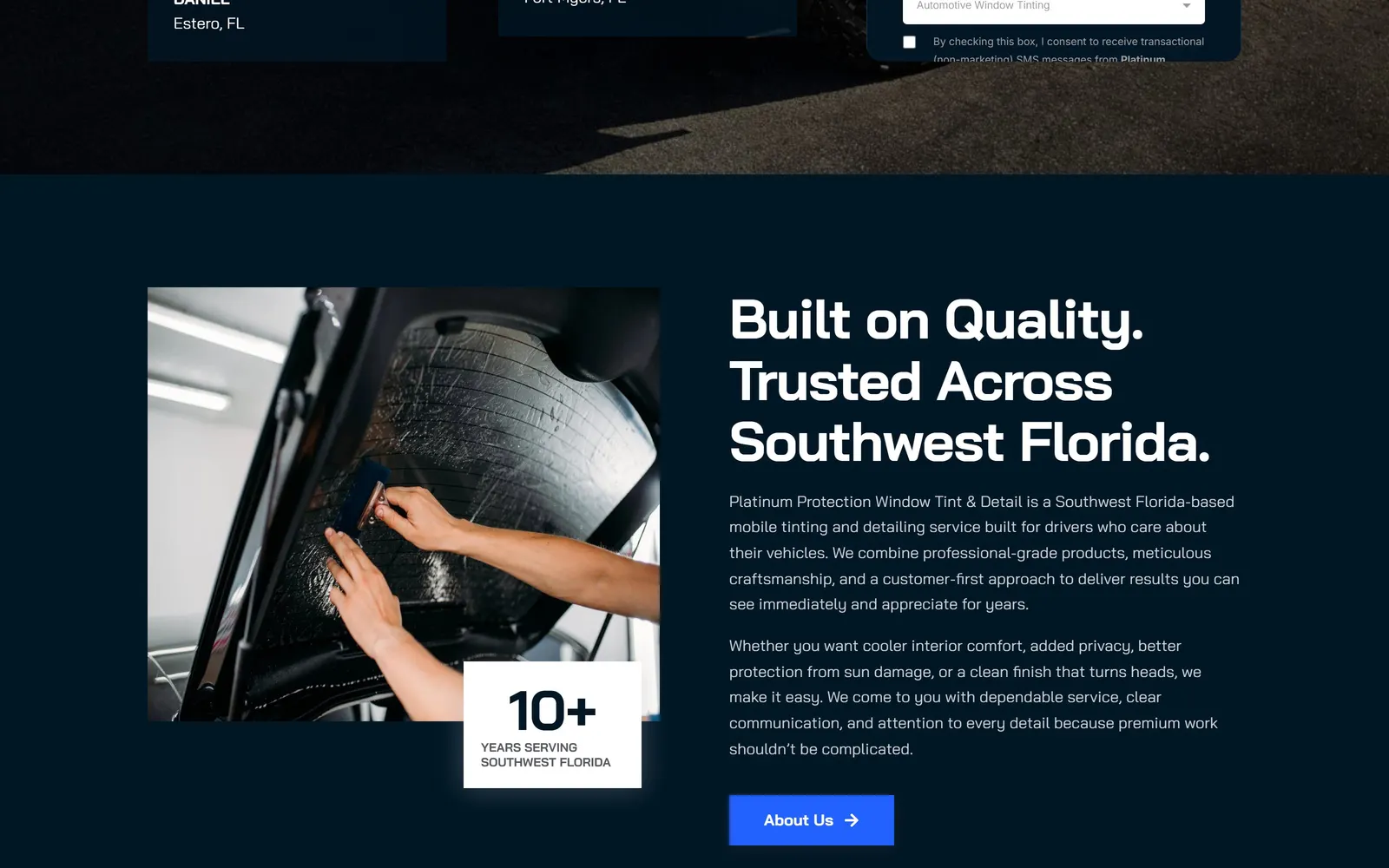 Platinum Protection Tint & Detail website, further down the home page