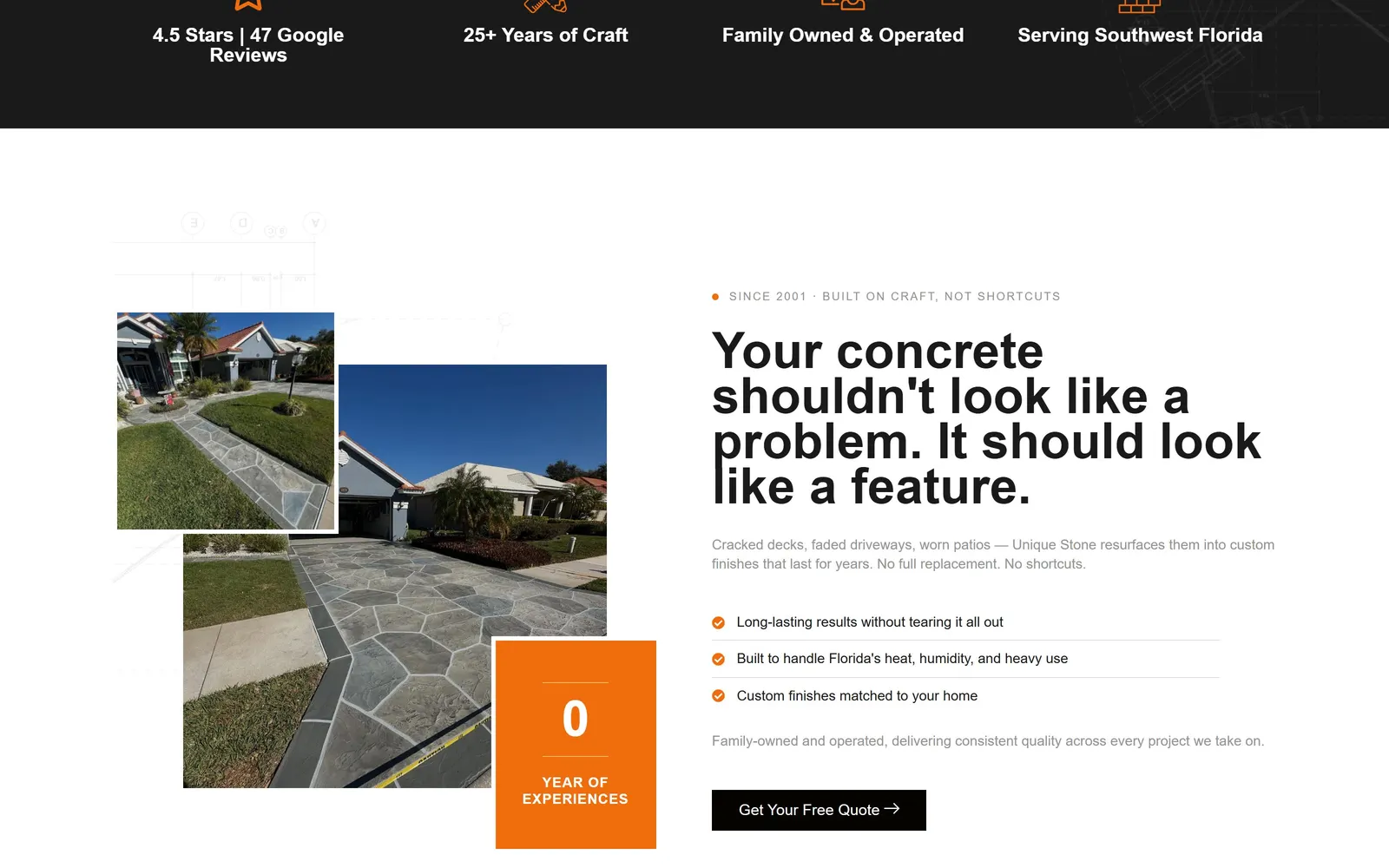 Unique Stone USA website, further down the home page